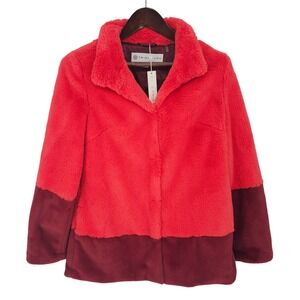Trina Turk Faux Fur Colorblock Jacket Coral Burgundy Wine S/P New Elegant Chic